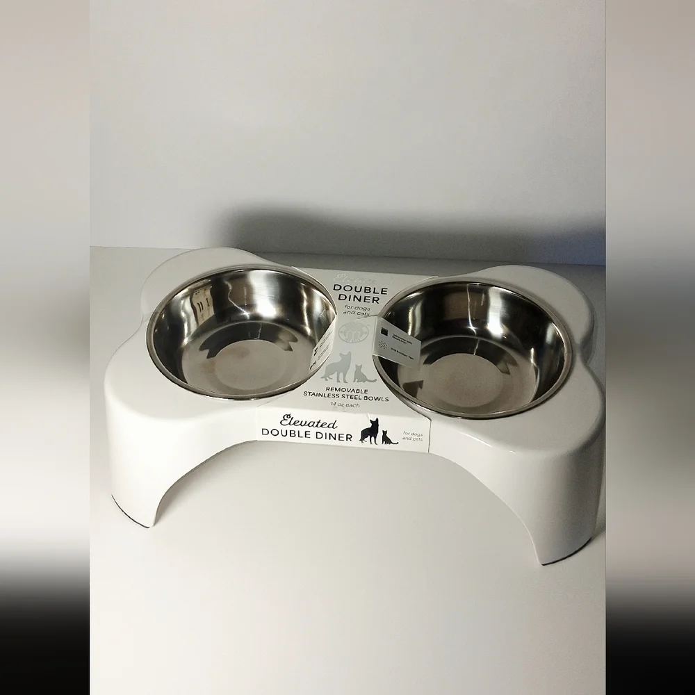 Elevated Double Diner Pet Bowl - White with Stainless Steel Bowls